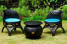 De'Dzines Rubber Patio Coffee Table and Cottage Chairs with Cushions for Lawn, Balcony and Outdoor | Furniture Set for Garden and Home (Black and Blue) | Unique Furniture Set Rubber