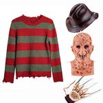 vickkt 4PCS Halloween Scary Freddy Costume Nightmare Killer Helmet Krueger Sweater Fancy Dress Mask Hat Jumper & Glove L