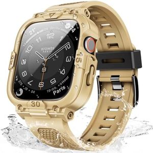 Mosonio Sport Rugged Case with Band for Apple Watch Band 45mm, Waterproof Band with Screen Protector, 360°Protective Cover and Tough Black Bumper for iwatch Series 9 8 7 Men (Desert Tan,45mm)