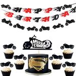 JeVenis Set of 9 Motorcycle Birthday Banner Motorcycle Birthday Decoration Scooter Cake Toppers for Man or Boy Birthday