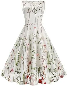 Wellwits Women's Floral Embroidery Full Mesh Wedding Party Vintage Dress White S