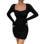 GLARE & BLAIR Solid Sweetheart Neck Lace Trim Long Sleeves Bodycon Ribbed Mini Dress For Women (Small, Back04), Black