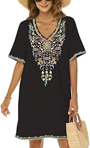 Higustar Summer Boho Floral Embroidery Dress for Women Mexican Peasant Casual Skirt Bohemia Short Sleeve Shift Dresses, Black-445, Medium