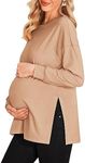 Ekouaer Womens Maternity Shirts Long Sleeve Split Side Pregnancy Tee Top Tunic Blouse Maternity Clothes Khaki