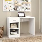 Panana Computer Desk, Office Work Desk, Laptop Table with 1 Drawer 2 Shelves,Modern Simple Style Desks for Bedroom, Home, Office (White)