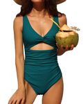 Charmo Women's V Neck One Piece Swimsuit Cutout Sexy High Waisted Monokini Padded Bathing Suit Teal M