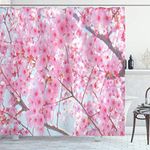 ABAKUHAUS Floral Shower Curtain, Japanese Sakura Florets Essence Nature Beauty Blossoms Refreshing Summer Picture, Cloth Fabric Bathroom Decor Set with Hooks, 78 Inches, Baby Pink