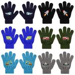 QKURT 6 Pairs Kids Gloves Age 5-12, Winter Magic Gloves Children Full Finger Gloves Stretchy Knitted Mitten with Car Rockets Vehicles Pattern for Boys Girls Outdoor Cycling Commuting