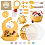 O'doe 17-Piece BPA-Free Silicone Baby Feeding Set | Thick & Soft Suction Plates, Baby Food Bowl, Wooden Fork & Spoon, and More | Make Mealtime Fun and Easy for Your Little One | Yellow V2