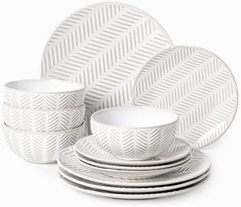 FOBENTA Dinnerware Sets for 4, Ceramic Microwave Safe Plates and Bowls Sets, 12 Piece Matte Chip Resistance Dish Set, Home Essentials Embossment Stoneware Dinnerware Set, Wedding Gift