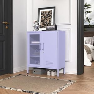 Aiasuit Wide 2 Door Lockable Storage Cabinet Easy to Assemble with Mesh and Metal Door Multi-Functional 3 Tier Storage Cabinet Bedrooms Offices and Laundry Room Purple Size： 33" H X 29.5" W X 13.8" D