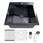 Davivy 18 Inch Black Kitchen Sink, 18x18 Inch Single Bowl Drop in Sink, Black Stainless Steel Deep Prep Sink with Multiple Accessories