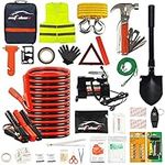 AUTODECO 118 Pieces Car Emergency Kit – Premium Heavy Duty Car Safety Kit – 13.5 Foot Durable Jumper Cables, Portable Air Compressor, Tow Strap, Multifunctional Hammer, Shovel, etc