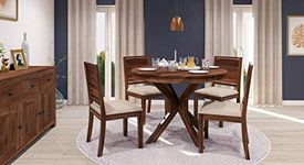 Krishna Wood Decor 4 Seater Wood Round Dining Table 4 Seater With Chairs|Round Table With 4 Chairs Set|Round Dining Table 4 Seater Wooden|4 Seater Dining Table Set|Dining Room Furniture|Teek Finish