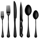 Runfly 48-Piece Black Silverware Set with Steak Knives Stainless Steel Cutlery Set for 8 Includes Knives Forks and Spoons Kitchen Silverware Sets for Home, Mirror Polished