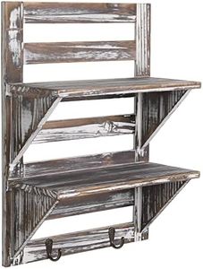MyGift 2 Tier Wall Mounted Rustic Torched Wood Entryway Shelf with Key Hooks, Decorative Wooden Bathroom Shelving for Toiletries, Hand Towels, Plant Display