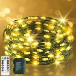 9.9 ft 60 LED Fairy Lights Battery Operated String Lights Green Copper Wire Christmas Lights with Remote Timer 8 Modes for Tree Greenery Bedroom Garland Wreath Garden Wedding Decoration Warm White