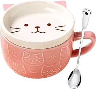 Regalos para mujeres,tazas de café Kawaii de gato rosa con tapas,regalos de cumpleaños de Navidad para niñas,amigos,mamá, taza de té de cerámica de animales novedosos,juego de platillos de postre