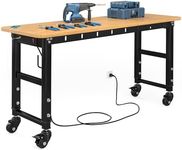 YITAHOME 60 Inch Work Bench with Wheel, Adjustable Height Workbench for Garage, Heavy Duty Work Bench with Pegboard & Power Outlets, 1600 LBS Load Capacity, Rolling Workbench for Workshop, Office