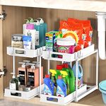 Under Sink Organizers and Storage, 2 Pack Large Capacity Heavy Load Double Pull-out Under Sink Shelves with Sliding Drawer for Kitchen and Bathroom, White