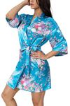 YINGER Robes for Women Lightweight Long Sleeve Bathrobe knee-Length Spa Robe Cherry Blossoms Embroidered with belt, Blue, Medium