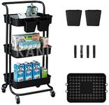 3 Tier Rolling Cart Organizer Kitchen Utility Cart with Wheels Kitchen Storage Cart On Wheels Spice Rack Organizer with Handle & Hooks & Cups Trolley Pantry Organizer Shelf Bathroom Accessories(Black)