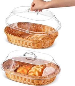 Hushee 2 Set Imitation Rattan Bread Basket with Lid Wicker Bread Baskets for Serving Woven Fruit Basket with Cover Oval Food Baskets for Vegetables Restaurant (13.78 x 9.84 Inch)