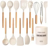 Country Kitchen Non Stick Silicone Utensil Set with Rounded Wood Handles for Cooking and Baking, 14 Piece Set, Khaki