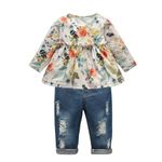 Toddler Infant Baby Girls Clothes Outfits Floral Long Sleeve Pullover Top Pant Jeans 2Pcs Set Yellow 3-4T