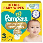 Pampers Premium Protection New Baby Size 3, 204 Nappies, 6kg-10kg, Monthly Pack, The Only Newborn Nappy Approved by British Skin Foundation