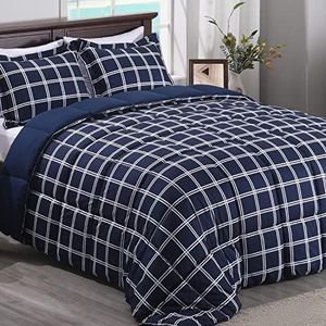 Basic Beyond King Comforter Sets 3 Piece Double-Line Plaid Lightweight Microfiber Down Alternative Comforter for All Season (1 Grid Comforter with 2 Pillowcases, Navy/White)
