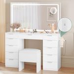 YITAHOME Makeup Vanity Set with LED Illuminated Mirror & Power Outlet, 46'' Cosmetics Vanity Desk Boasting 11 Drawers, Dressing Table with Lights and Storage Bench for Bedroom, Pristine White