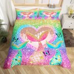 Mermaid Duvet Cover Set King Size, Colorful Glitter Comforter Cover with 2 Pillowcases, Mermaid Tail Butterfly Bedding Set 3pcs for Kids Girls Adults Bedroom Decor Lightweight Bedspread Cover