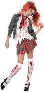 Smiffy's Women's High School Horror Zombie Schoolgirl Costume, Jacket, Attached Shirt, Tie and Skirt, High School Horror, Halloween, Size 6-8, 32929