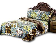 Tache Home Fashion KST1504-Cal King 3 Piece 100% Cotton Floral Blue Mystical Autumn Leaves Reversible Bedspread Quilt Set, California King