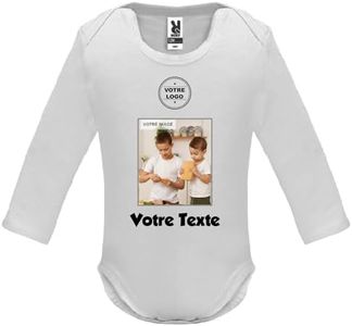 YONACREA - Créez Votre Body Bébé Manches Longues Personnalisé avec Texte et Photo - BLANC - 6 Mois