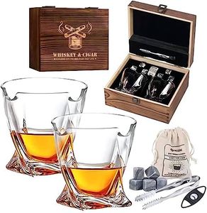 Gifts for Men Whsikey Glasses Set of 2 Rocks Glasses, Whiskey Stones, Tongs, Velvet Pouch and Cutter, Crystal Wine Cup for Cocktails, Scotch, Bourbon