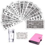 LiBiuty 18pcs Nail Stamp Plates set 15Pcs Nail Art Templates Stamping Template Geometry Lace Flower Animal Fruit Pattern Halloween Christmas Image Plates DIY Nail Art Set with Double-side Clear Stamper & Scraper with pink storage bag