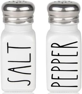 White Salt and Pepper Shakers Set by Brighter Barns - Cute White Decor - Modern Farmhouse White Kitchen Decor - Glass Shakers for Home Restaurants Weddings & Stainless Steel Lid (White)