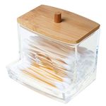 Ghopy Makeup Organiser Clear Cotton Wool Pads Holder with Bamboo Lid, Q-tip Cotton Swab Dispenser, Ear Bud Jar, Dressing Table Organiser, Cosmetics Storage Container for Bathroom (Cotton Buds Holder)