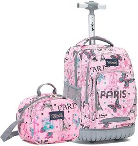 NEW TILAMI 18 Inch Rolling Backpack for Kids, Boys Wheeled Laptop Rolling Backpack for Girls Travel School Student Trip Using, Pink Paris