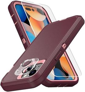 MXX Heavy Duty Made for iPhone 15 Case with Tempered Glass Screen, Camera Lens Protector 3-Layer Full Body Protection - Shockproof Dustproof Cover for Apple 15 Phone Case 6.1" (Plum/Light Pink)