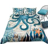 Loussiesd Ocean Octopus Duvet Cover Set Single Size Sea Animals Print Bedding Set Blue for Kids Boys Girls Soft Microfiber Comforter Cover with 1 Pillow Shams, Retro Nautical Marine Life 2 Pcs, Zipper