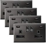 4 x Black Nickel USB Double Wall Plug Socket 2 Gang 13A with 2 USB Charger Port Outlets Socket Plate N776GME