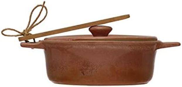 Creative Co-Op Stoneware Bamboo Spreader Brie Baker, 9" L x 7" W x 3" H, Pink