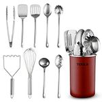 Stainless-Steel Kitchen Utensil Set - 10-piece premium Nonstick & Heat Resistant Kitchen Gadgets, Turner, Spaghetti Server, Ladle, Serving Spoons, Whisk, Tongs, Potato Masher and Utensil Holder