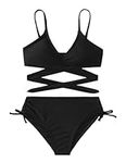 Arshiner Girl Solid Bikini Set Tween Girl 2 Piece Swimsuit Swimwear with Drawstring Kid Swimming Costume Bathing Suit Black 160