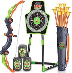 SpringFlower Bow and Arrow Toys for Kids, Archery Set includes Super Bow with LED Lights, 10 Suction Cups Arrows,Archery Set with Standing Target and 3 Target Cans for Boys and Girls