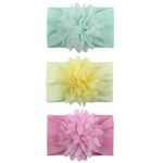 SYGA PACK OF 3 Headbands Nylon Flower Soft Stretchable Hairband for Newborn Infant Toddler Kids For 0-3 Year (MediumPink-Beige Yellow-Turquoise)