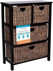 BIRDROCK HOME Seagrass Cubby Dresser | 4 Drawer Bins | Decorative Wood Storage Cubbies Shelf Organizer | Industrial Furniture Chest Basket | Espresso